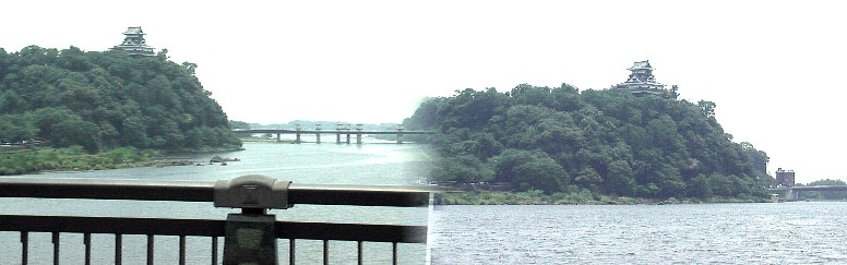 犬山橋上から撮る。濃尾平野を一望できる天下の要塞（城の岩盤は強固、木曾の激流に 耐え抜いた姿は日本一、いや世界一かも知れない名城です。日本ライン（ドイツ・ライ ン川の城）と名付けられた由縁もなるほどと思われます。