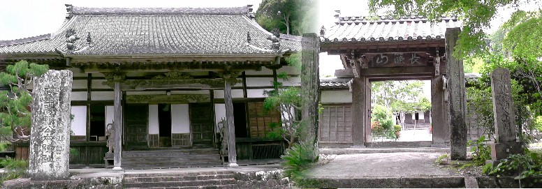 右：山門。左：本堂。ともに「武田勝頼公本陣跡」の大きな石碑が建っています。