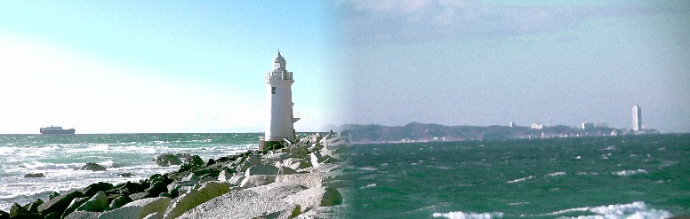 伊良湖岬灯台（左）。右は対岸の知多半島先端の師崎～河和付近。