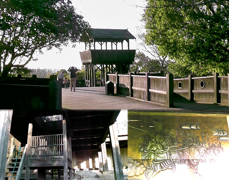 色金山古戦場跡の見張り櫓と展望台（上）。下は展望台一階部分の大壁画（下右）。