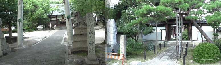 庄内川右岸堤防下にある高牟神社と東隣の石山寺。石山寺は鎌倉時代、道円の開基、 尾張二代藩主徳川光友が再建したが戦災により消失。 高牟神社・石山寺