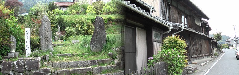 芭蕉の門下生、 磯丸の歌碑と長沢地区の町並み。
