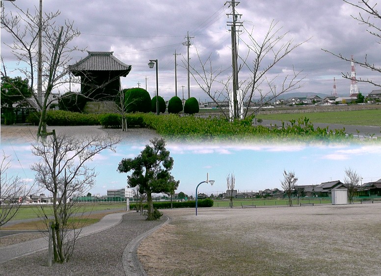 一切経蔵東の公園から東方（下）、西方（上）を撮る。