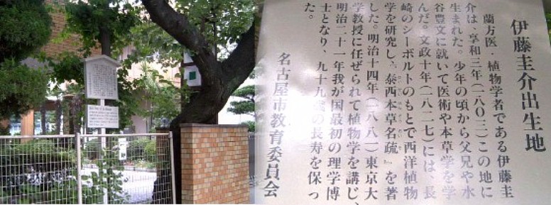日本を代表する植物学者伊藤圭介先生の生誕地です。 駅西北約５５０メートル、名城小学校正門にあります。 関連、ドイツ人医師シーボルト