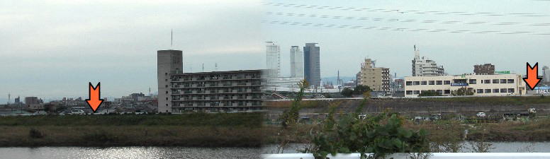 庄内川の両岸、左:万場宿の渡し場跡付近と右:岩塚宿の渡し場跡付近(赤の矢印)。