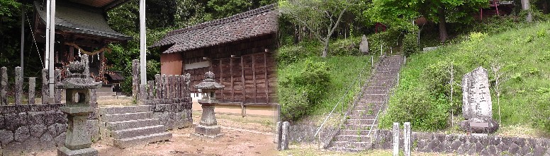 堤古墳へ行く神社（名称：不明）の社殿と石段（右）。