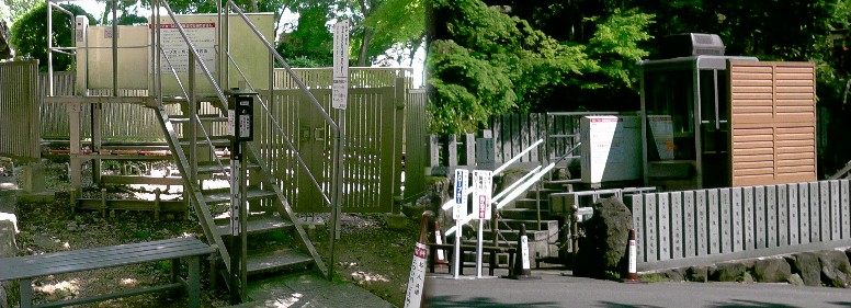 スロープカーで本堂まで行くことができます。6人乗りです。右:乗車場。左:降車場(本堂前)。