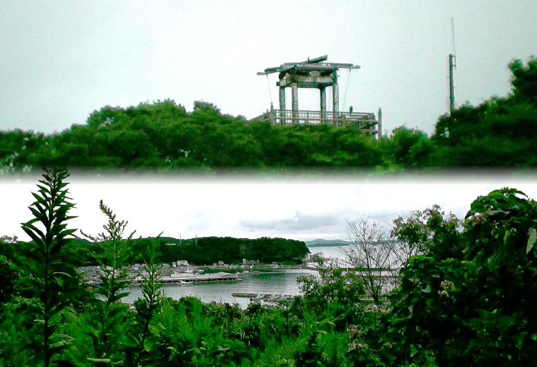 上：須男神社付近から眺める貝殻公園。下は貝殻公園南口から見下ろす豊浜港。