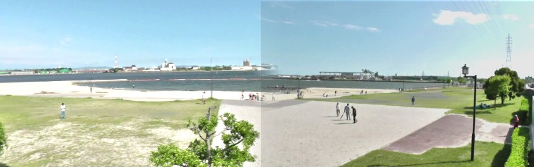 亀崎海浜緑地公園より高浜市方面（左）。同じく碧南市方面（右）を撮る。
