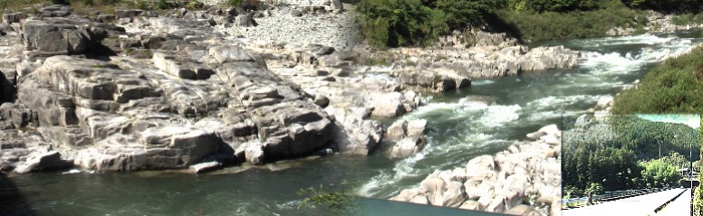 南の「寝覚ノ床」といわれる中川原峡。柿其橋（かきそればし、右下）から撮る。