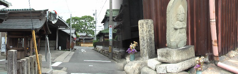 街道(推測)の色濃い地蔵堂や石仏が見られます。やがて県道62号線井之口交差点を 斜めに横断しjr稲沢貨物線の東を南下し四ツ家追分に出ます。