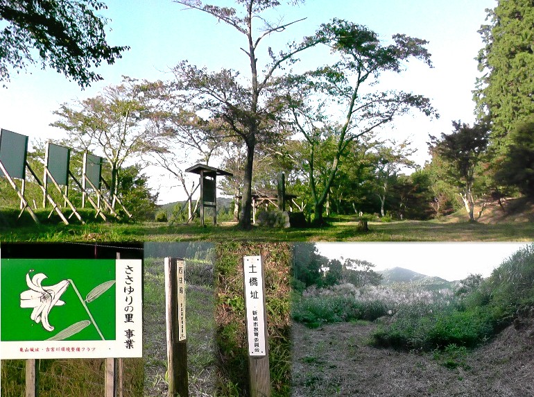 亀山城址（上）。下右は土塁と堀と案内板。