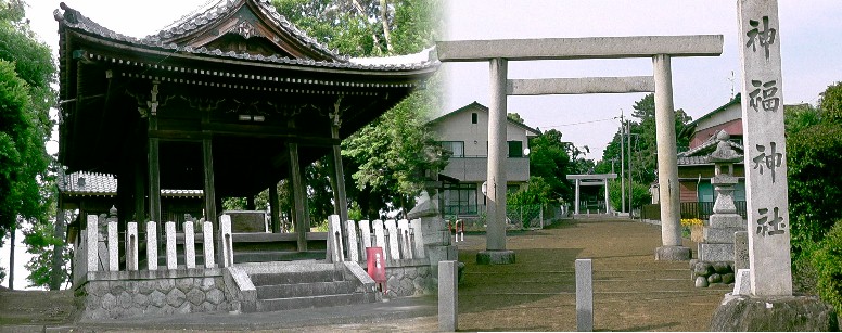 神福神社。社殿の右側に神福神社古墳の墳丘が見られます。