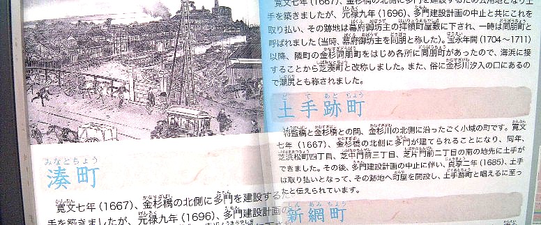 江戸日本橋から約1里の金杉橋下の説明板によれば1里塚のことは全く触れられて いませんが多門建設計画が中止となり土手と一緒に取り払われたか、あるいは最 初から設置されていないのではといわれる。