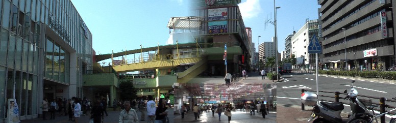 金山総合駅北口（左）と「あすなる金山」の一部。右は北口駅前の風景。下の小写真は駅のコンコース