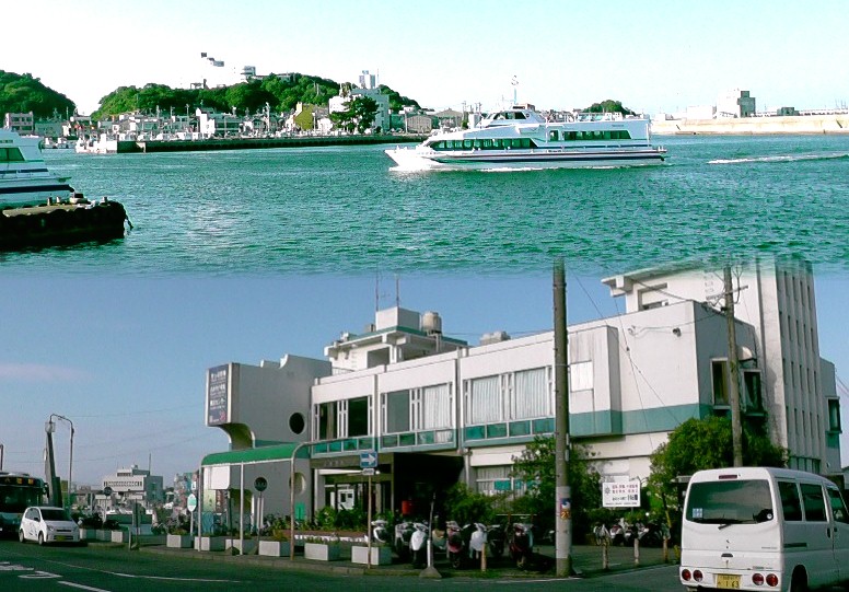 師崎港（上）。下は師崎港観光センター。