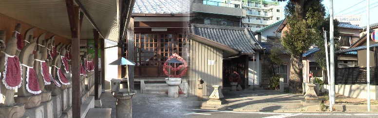 舎人公園東北角地にある観音院。左は江戸時代後期の三十三観音像を祀る地蔵堂。両側に谷汲山の 石碑が建つ。本尊は木造十一面観世音菩薩立像。天明2年(1782)の大火で類焼しましたが再興され ました。