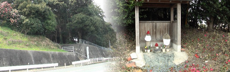 右は一里山一里塚にある地蔵尊と国道１号線と合流する地点の存在感のある村社；笠子神社（愛知県にありながら白須賀宿の鎮守社）