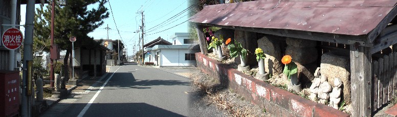 柏木公民館前にある木造バス停、右は北脇縄手沿いにある高さ７０センチ位の地蔵堂