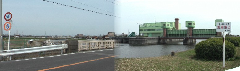 河合小橋（市バス終点）から蟹江排水機場と上流を撮る。蟹江町に入る。