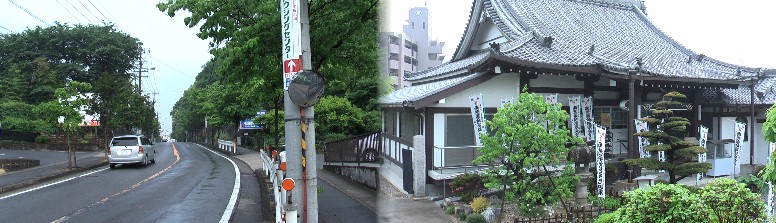 上記八剣社を南に行くと間もなく桂林寺（右写真）、桂林寺前の街道(南方面)、右側大きな森は古鳴海八幡社。