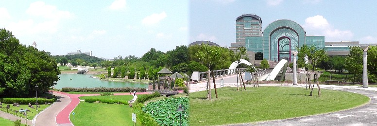 右：あいち健康プラザ全景（西方から撮影）。左：あいち健康の森公園１。