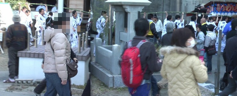 笹竹を担いで庄内川へ赴く人達。