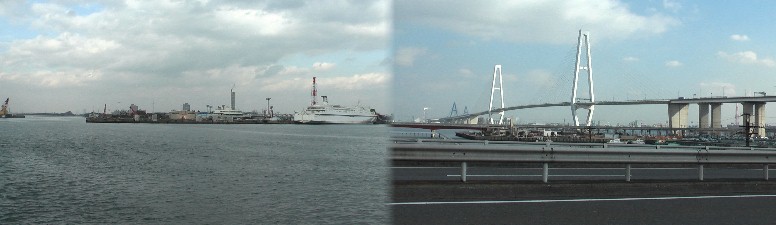 フエリー埠頭対岸・金城埠頭北西角付近から庄内川河口を、同付近から名港トリトン大橋(右) を撮る。ここで釣り人に出会う、まもなくこの岸壁も立ち入り禁止になるという。知多日長の海 釣り公園も25年2月1日で閉鎖になり、港付近から釣り場は殆ど姿を