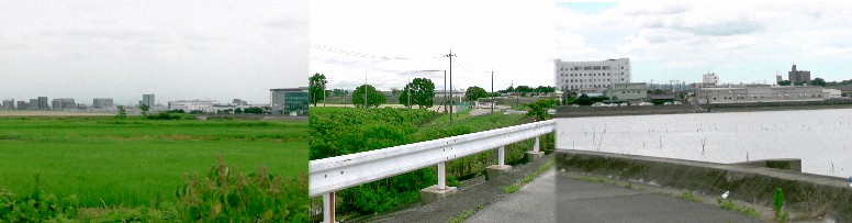 藤江越し跡から（中、南部グラウンド）、刈谷市方面（左）、対岸の三河高浜市（右）を撮る。 藤江越し跡・撮影場