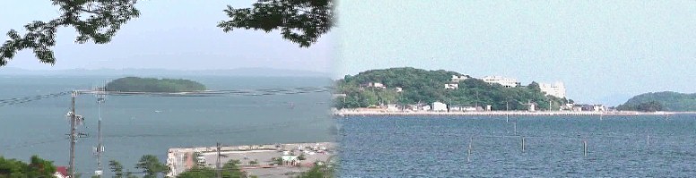 左：尾崎士郎「人生劇場」碑前から梶島を撮る。右：吉良温泉を望む。 右写真撮影場所