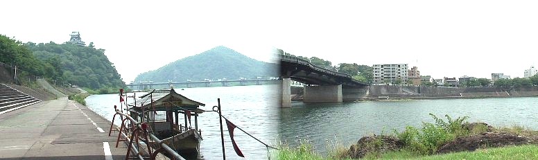 鵜飼船乗り場から見る犬山城(左)。右は対岸(鵜沼南町)から犬山市街を撮る。