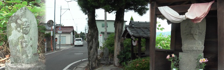 朝日の観音寺まで街道の両側に建つ無名の祠、地蔵菩薩像などの写真その２。