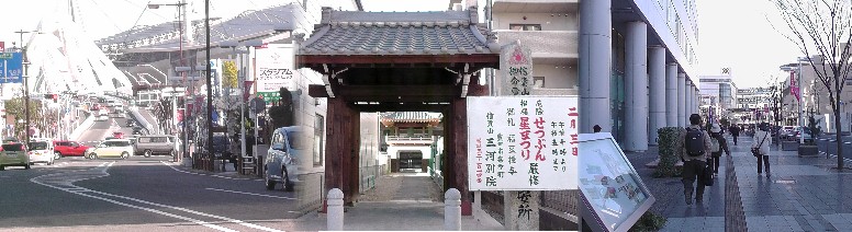 三河別院（中）。三河別院の南、喜多町３交差点から東（左、豊田スタジアム）、西（右、豊田市駅）方面を撮る。 喜多町３交差点