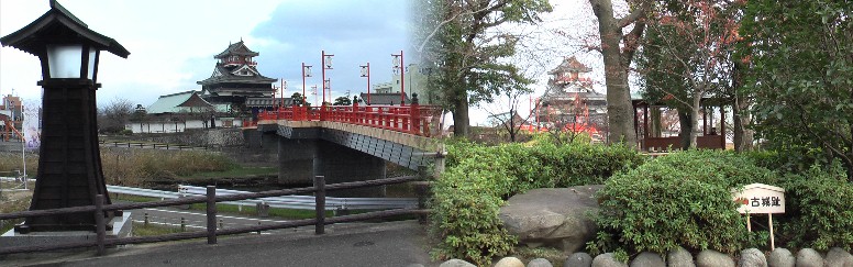 五条川・大手橋から見る清洲城。右は対岸古城址から見る清洲城。清洲城特集