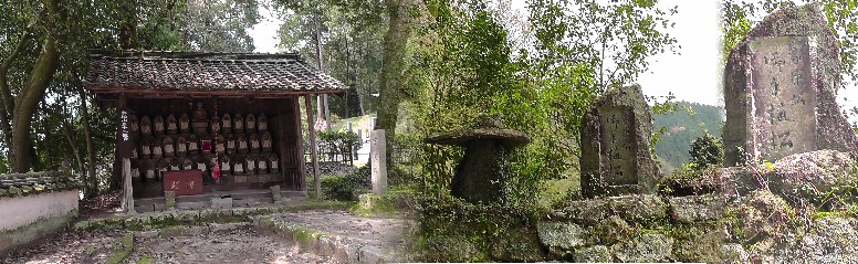 山門付近で見かけた家康公御手植松の石碑（右）ですが枯れてしまったのか根元が見られます。 左は本松山三十三観音。