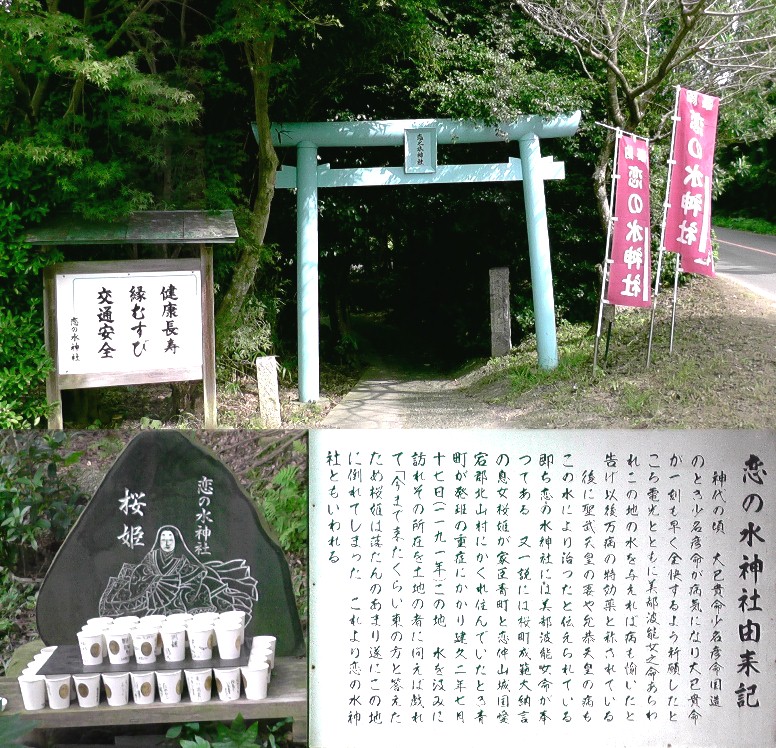 恋の水神社。紙コップ１個２００円で願い事を書き、井戸の水を半分くらい注いで神前に具える （下段右の写真）。 恋の水神社