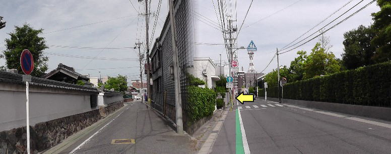 紺屋街道南の入り口（黄色の矢印）と三叉路角の順正寺（左）。右側は旧中埜家住宅。 紺屋街道南の入り口