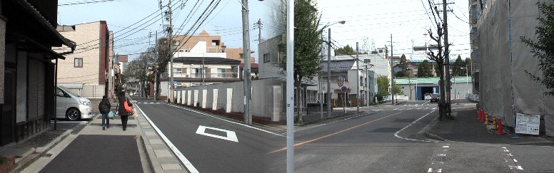 伝馬橋西から北上してきた美濃路は小塩橋西で（右写真）左折、 少し歩いて幅下小学校東南角を右折しサンゲツkkの西側を北へ（左写真）。