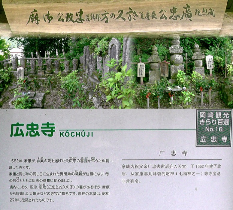 広忠寺。 広忠寺 広忠寺境内、於久の方、広忠公、忠政公の御廟（上右）。 右から於久の方、広忠公、忠政公の御廟。 広忠寺参道入り口に建つ地蔵菩薩堂。