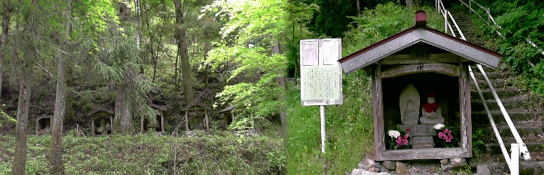 登り口の弘法堂の祠と少し登ったところに安置の祠群（左）。