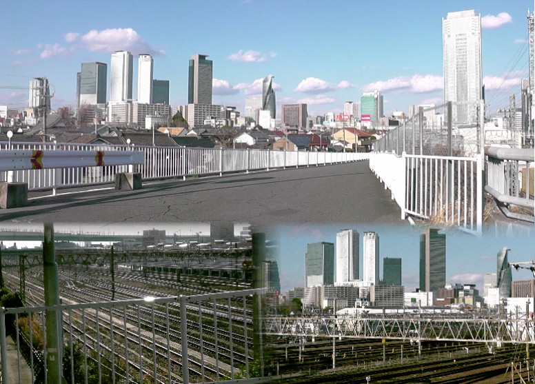 向野橋北から見るjr名古屋駅方面（上）。