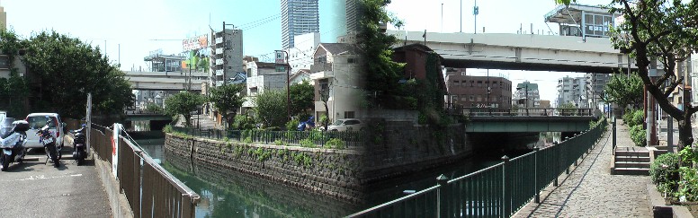 滝の橋上流から見る滝の橋付近（左写真）、この橋を中心に宿場（右写真）があり、高札場も以前は 橋の左手付近（神奈川署南、大きな樹木の向こう側）にあったと記されています。