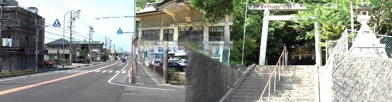 熊野神社と本殿（右、中上）。久保寺・熊野神社へ行く街道分岐場所（上記の石仏群）。