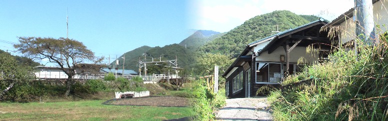 倉本駅全景と駅舎。ここから電車（この時間帯は約２時間に１本）で次の須原駅まで 行きます。駅の乗車はワンマン電車で２両連結で乗車扉はホームで指定１個だけ、名鉄 バスと同じ整理券を取り降車駅では運転士が切符の料金精算をおこなう一人三役、忙 しそ