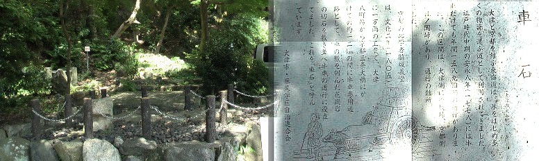 蝉丸神社横にあります。大津八町筋から三条大橋にかけ約１２キロの間に牛車専用 の石を敷き詰めた。これは近江商人によって敷設された。関連：高宮宿・又十屋敷