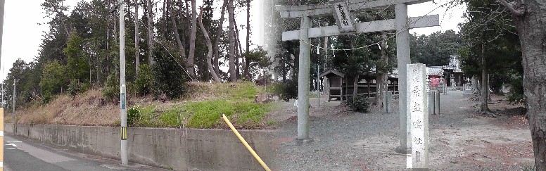 草間城址。周囲より一段と高い林（左）が素盞嗚社（右）の境内で草間城址と思われます 戦国時代初期の芳賀七郎の居城で、今川氏に属してこの地を治めた。後 畔田監物の居城 となるが、1505年牧野古白が今橋城（吉田城）を築いて後、廃城となった。 関