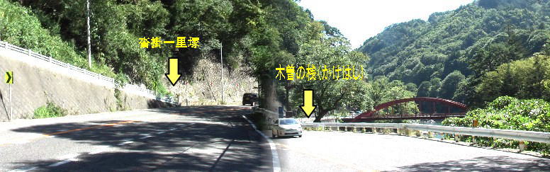 沓掛一里塚からは19号線と合流し、車が多く横断が思うままにならず約700~800mで 木曽路の名所・木曽の桟(かけはし)に到着です。右は木曽川に架かる赤い橋で木曽の桟(かけ はし)ではありません。