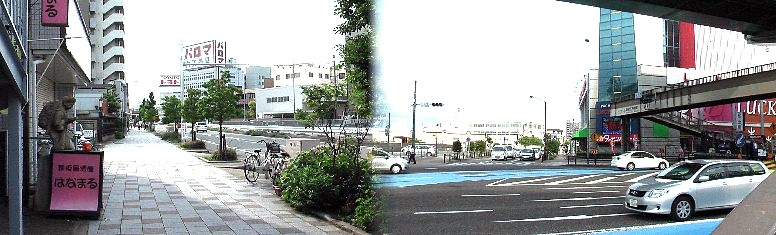 左：松田橋から西の熱田神宮方面を見る、写真の南側歩道が旧東海道の雰囲気を思わせる建物がありました。 右：松田橋から東の山崎橋方面を見る。