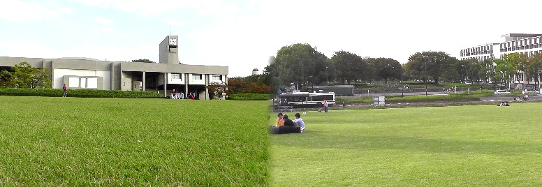 名城線「名古屋大学」駅を中央にして東西に広がる名古屋大学。左は豊田講堂(国登録有形文化財) のある東方。右は図書館、赤崎記念研究館のある西方。 豊田講堂