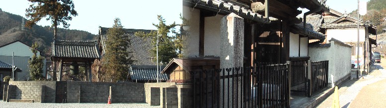 明治天皇御駐輦跡(ごちゅうれん）跡の石碑と江龍家の表門。左は了徳寺。